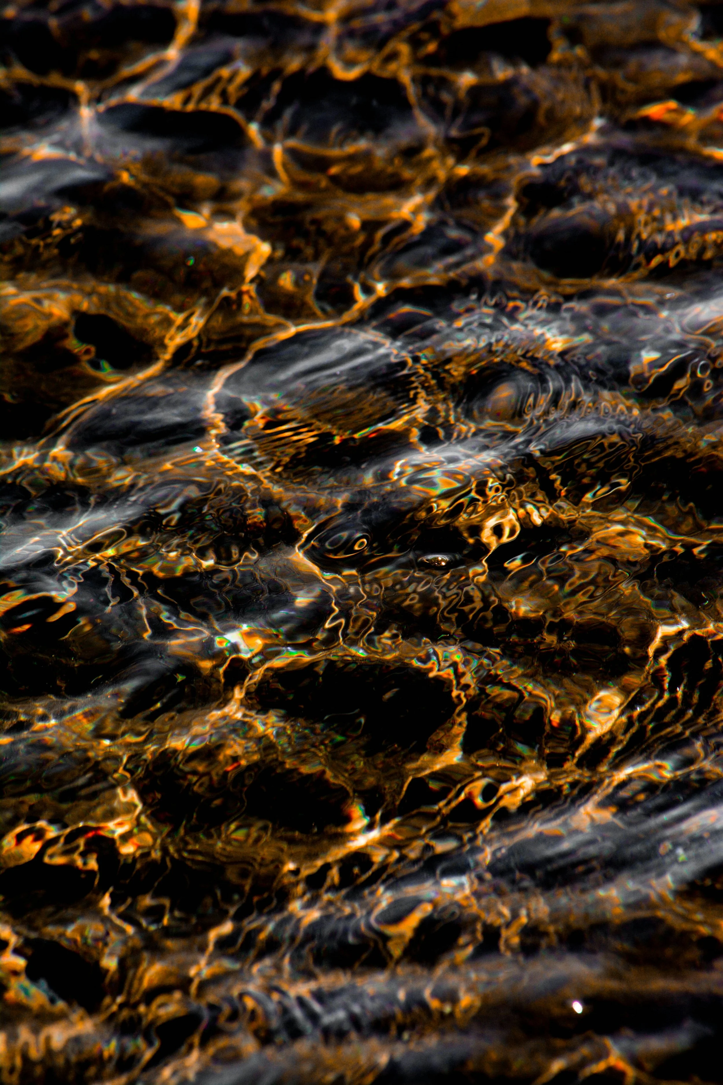 Close-up of water with dark rocks visible beneath, reflecting light and creating a shimmering surface.