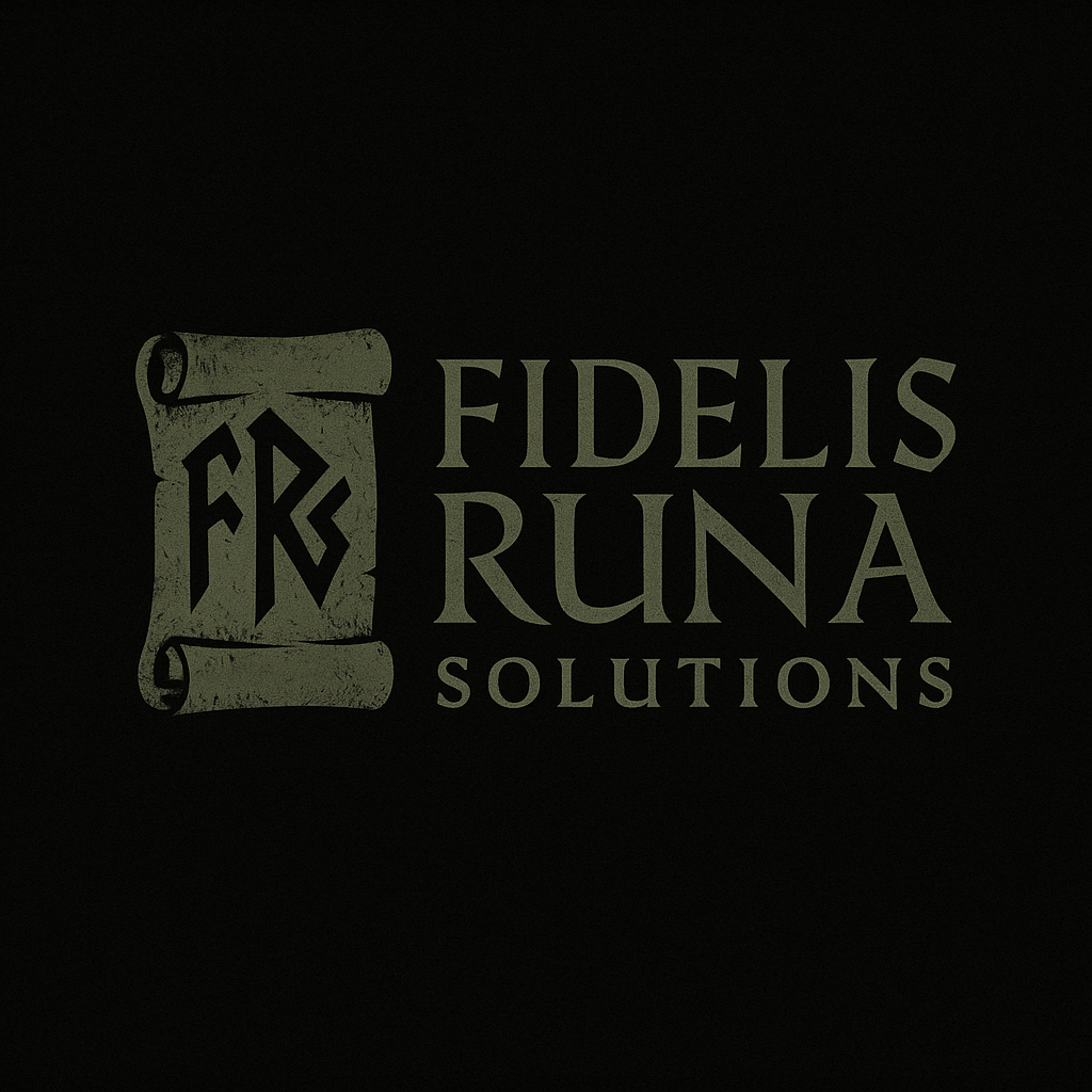 A dark background with a logo for Fidellis Runa Solutions, featuring a scroll design and runic-style text.