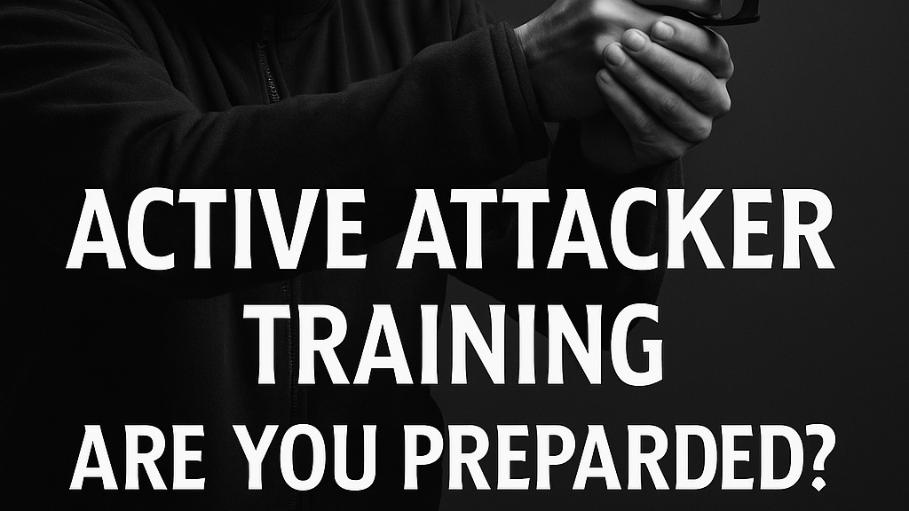 Black and white image of a person in dark clothing, holding a smartphone with both hands, with text overlay that reads "Active Attacker Training Are You Prepared?"
