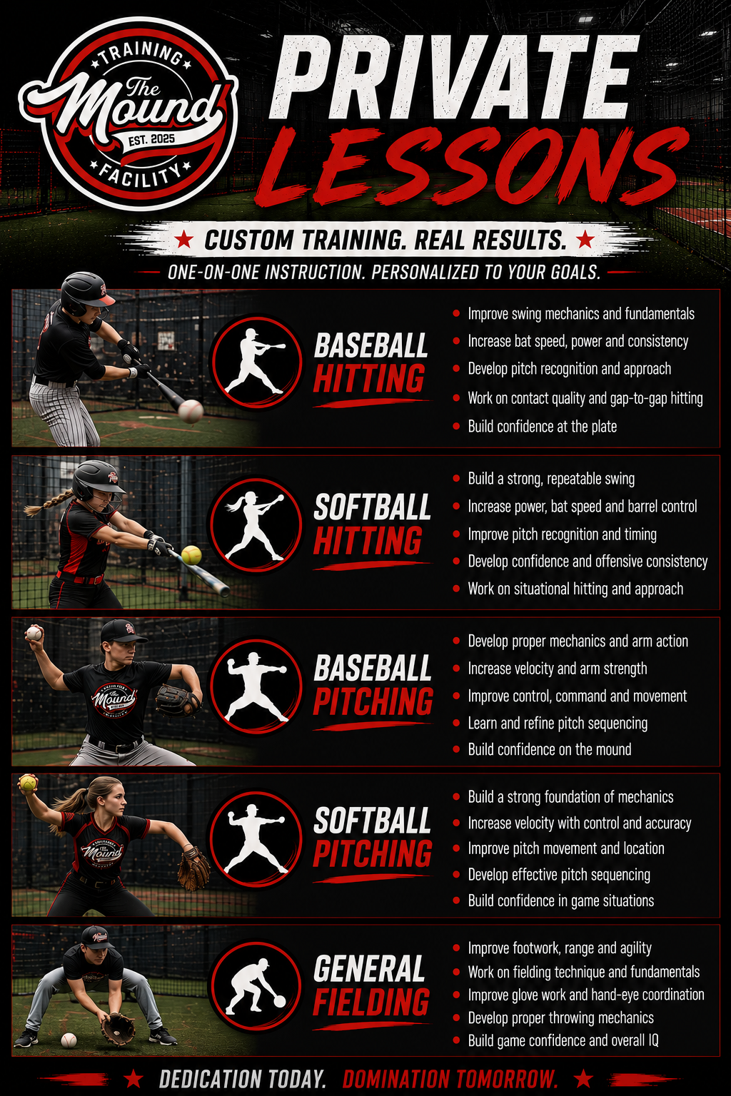 Poster advertising private baseball and softball training lessons focusing on hitting, pitching, and fielding, with images of players and instructional descriptions.