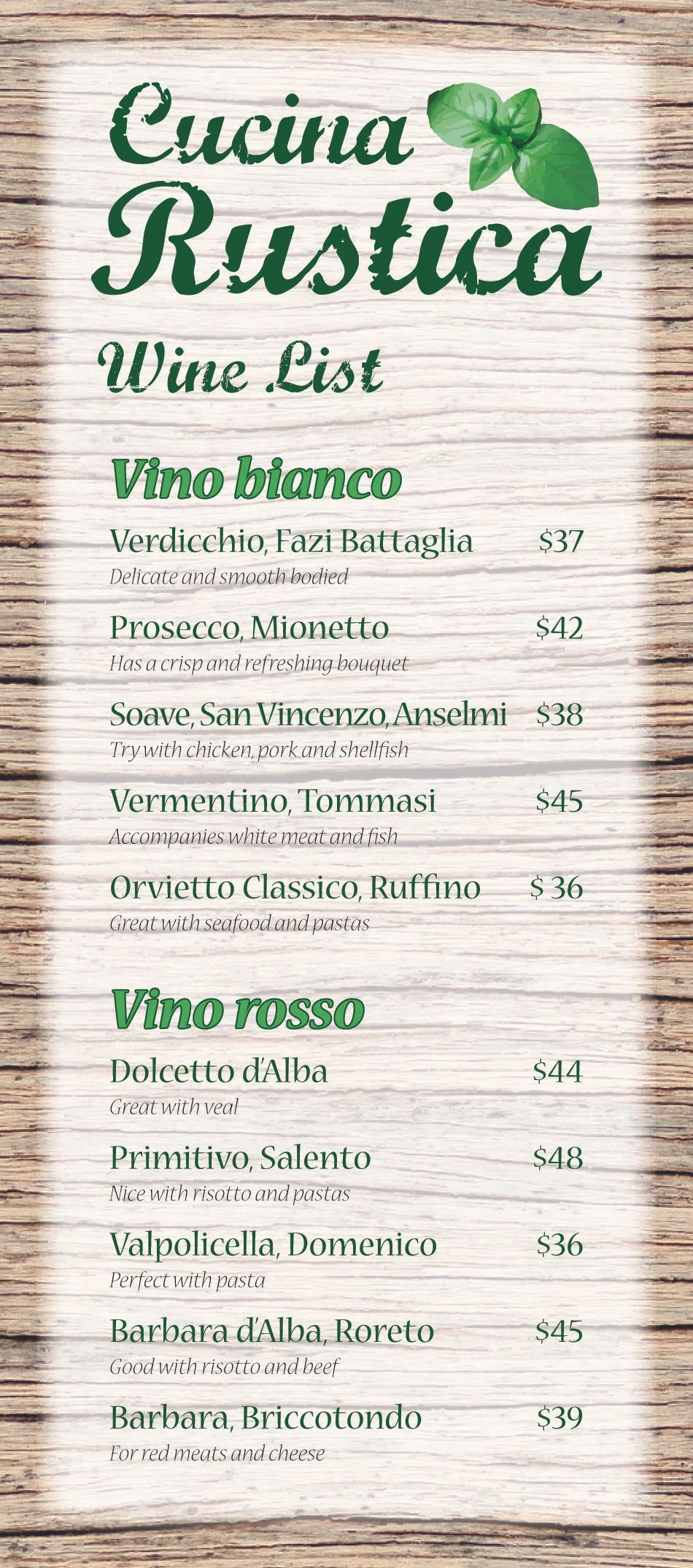 Cuchina Rustica Wine Menu