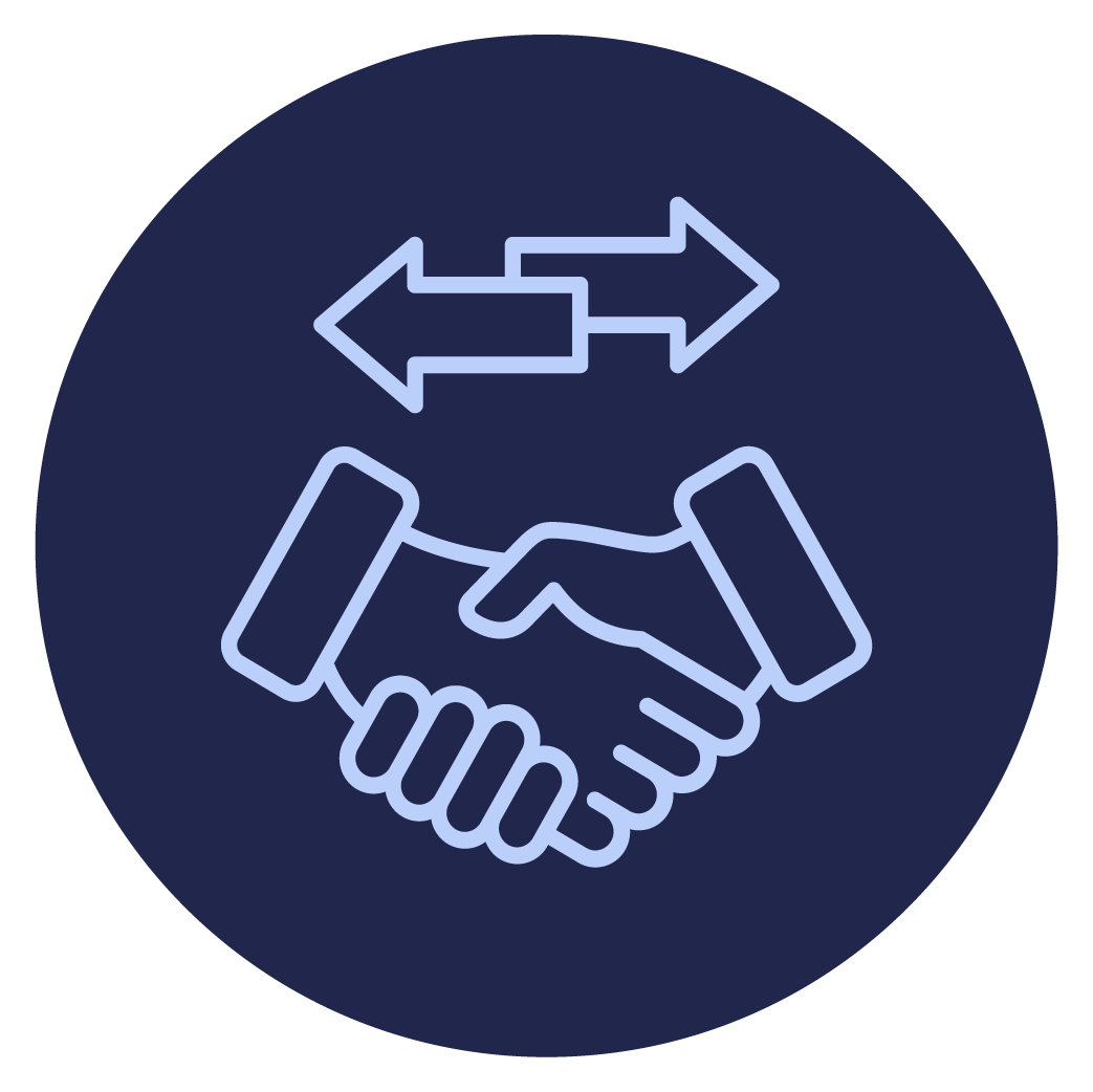 Line art icon of a handshake with two arrows pointing left and right above it, symbolizing agreement or partnership.