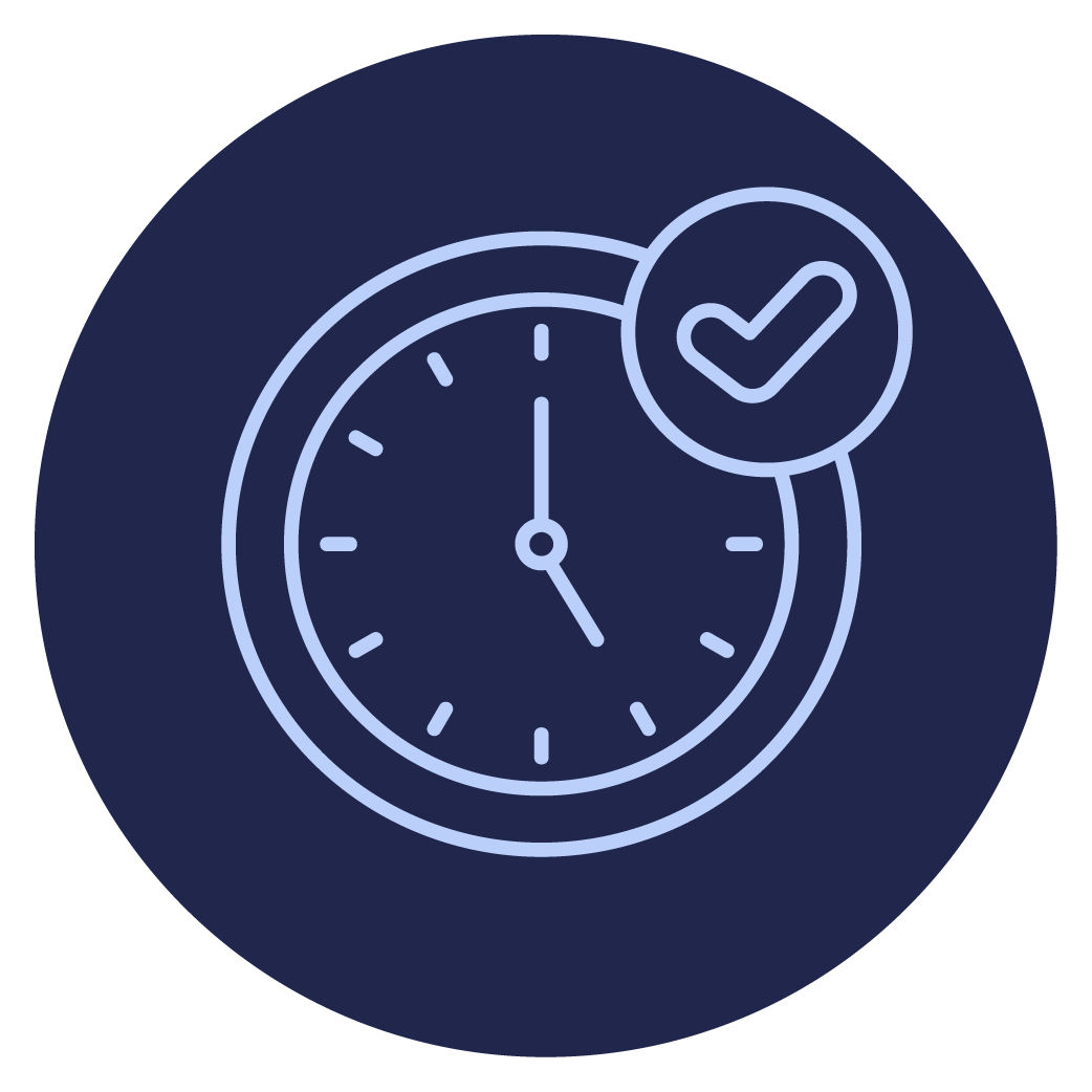 Icon of a clock with a checkmark, indicating punctuality or time management.
