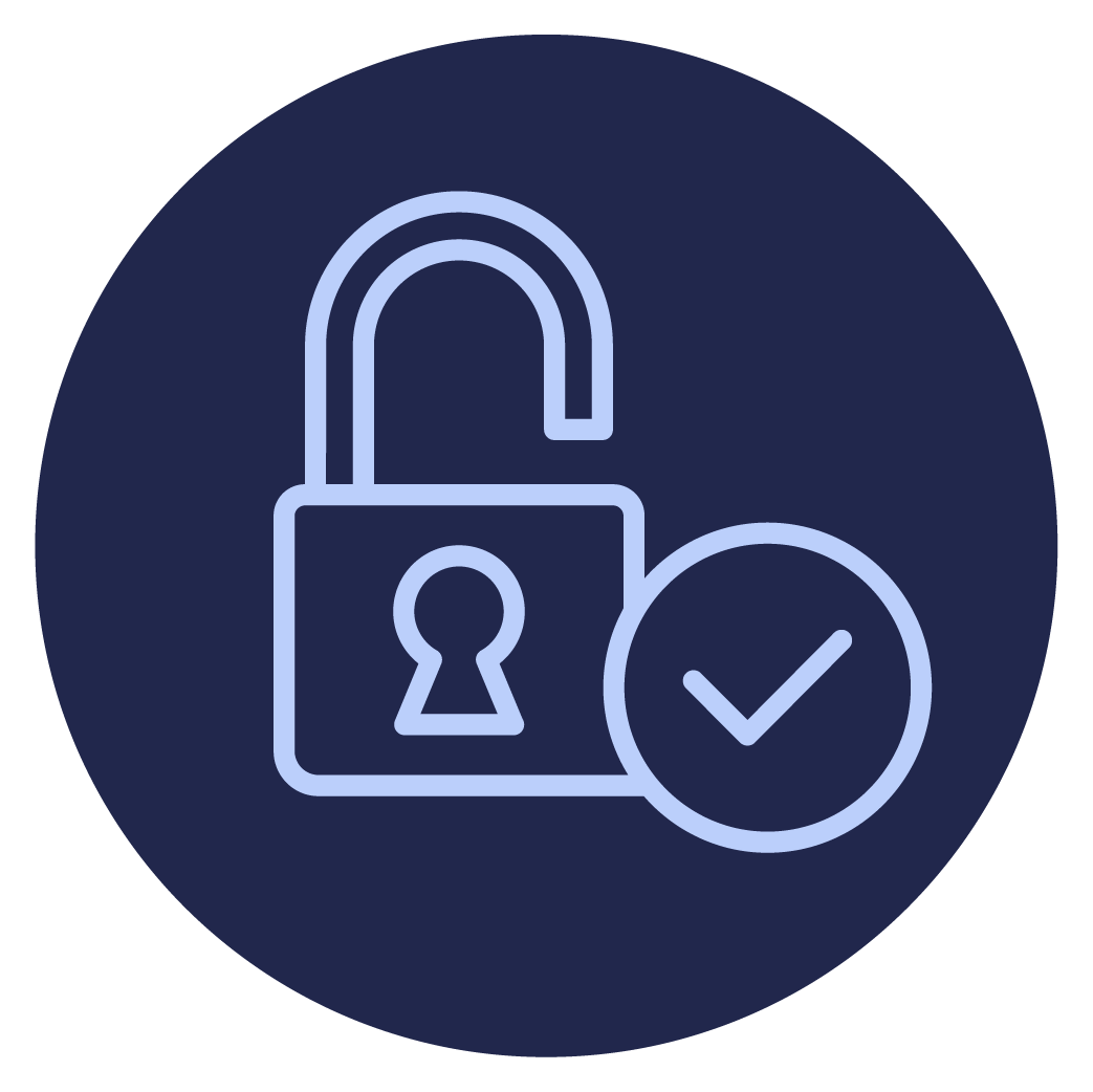Icon of an unlocked padlock with a checkmark inside a circle, symbolizing security or access.