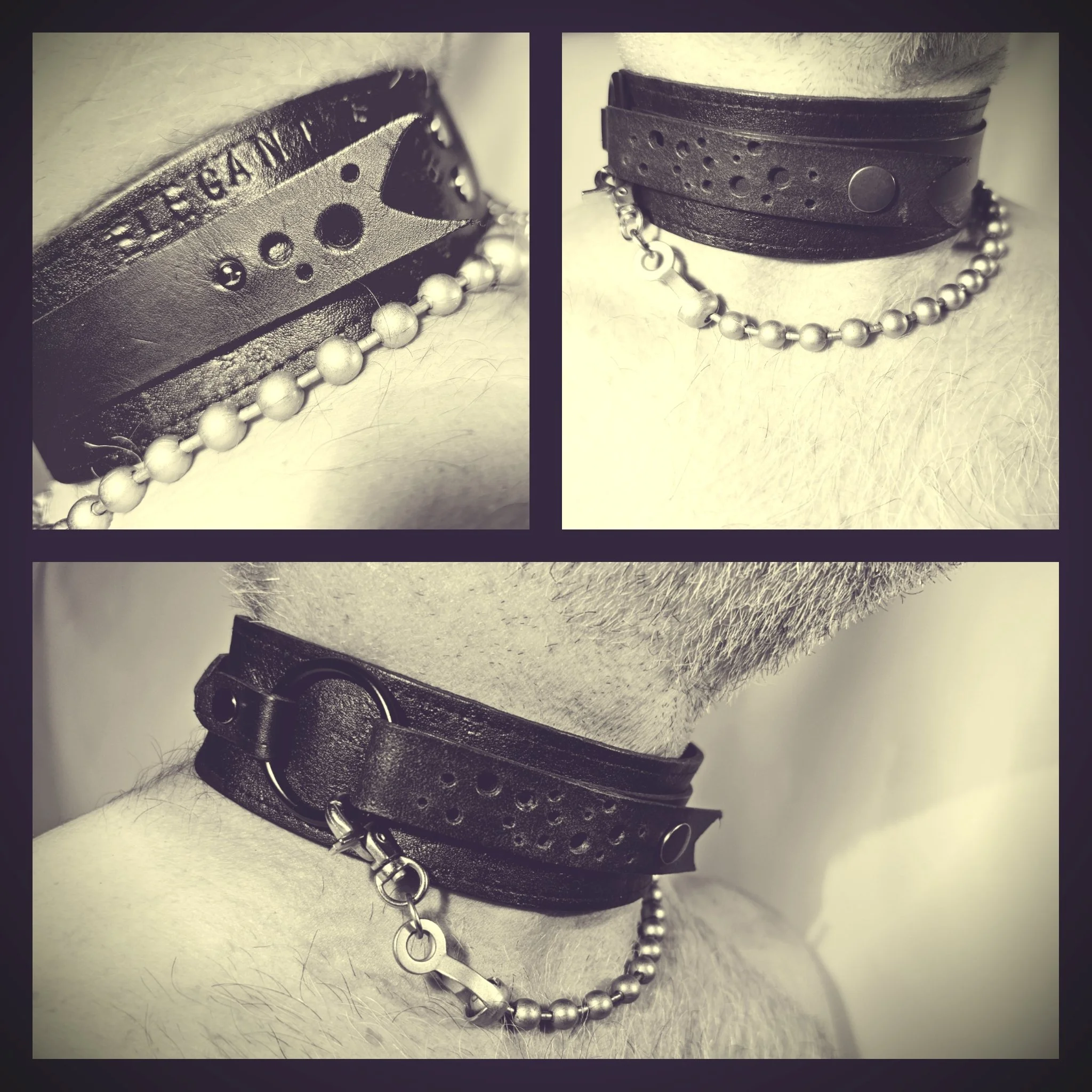Close-up of a person's wrist wearing black leather bracelets with metal beads and a small chain, shown from different angles in a collage.