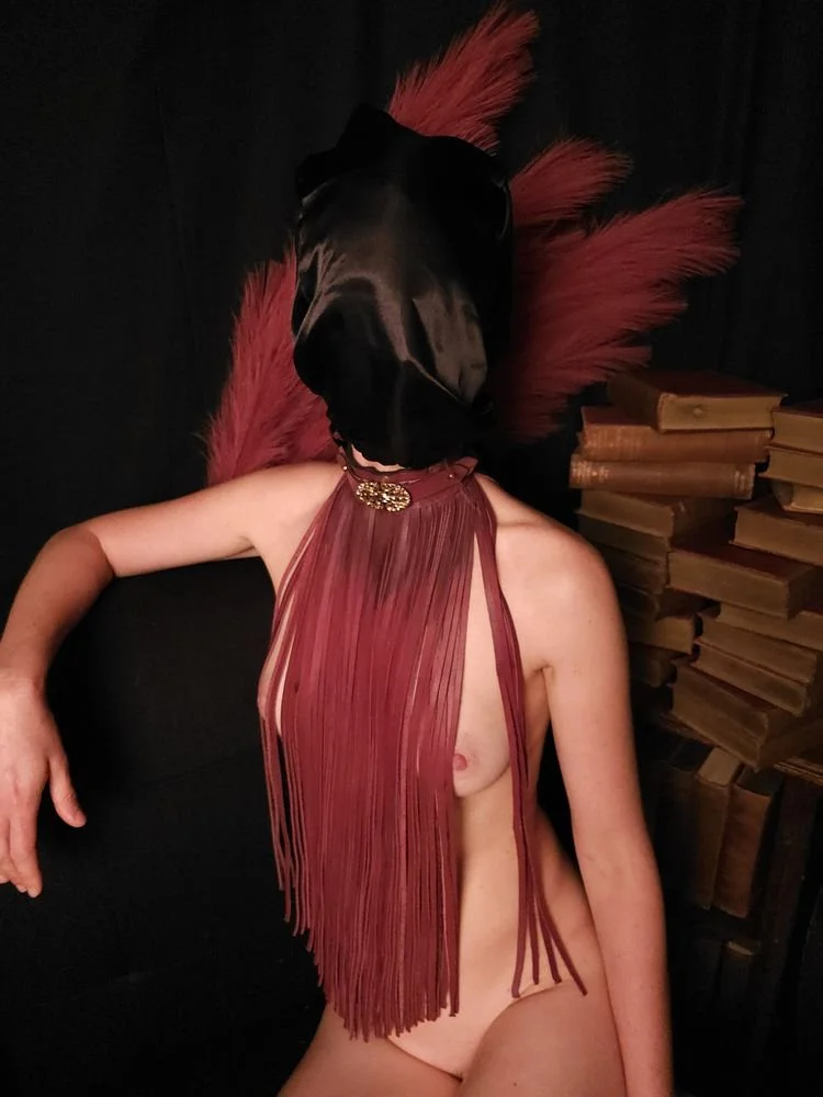 A person with a horse mask, wearing a red fringe top and a large decorative pin, sitting topless against a dark background with pink feathers and a stack of books.