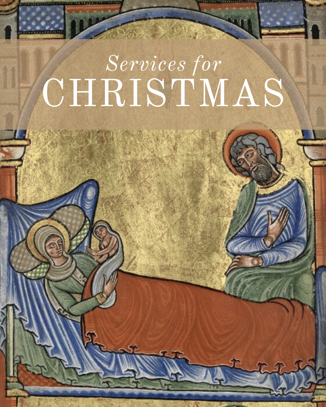 Nativity icon with an overlay saying "Services for Christmas" to highlight Christmas Eve and Christmas Day services in he Anglican Deanery of St Francis in the Eastern Townships of Quebec.