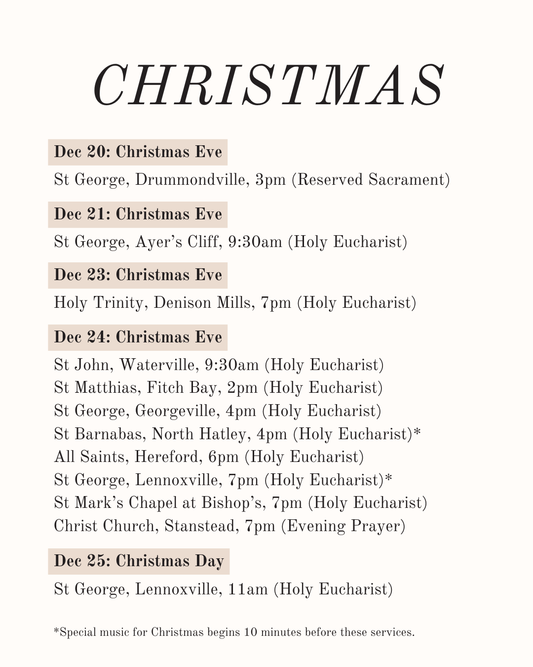 Schedule of Christmas church services in the Eastern Townships of Quebec.