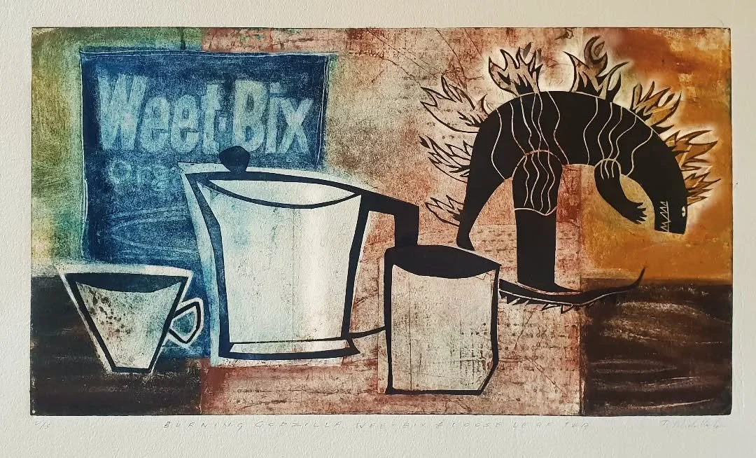 Days of Godzilla, long afternoon teas &amp; quick brekkies have come to an end for now. The nest is empty.

I've tried to capture using one of my dino/ Godzilla loving son's beautiful drawings of many years ago, a collagraph plate and linocut block.
