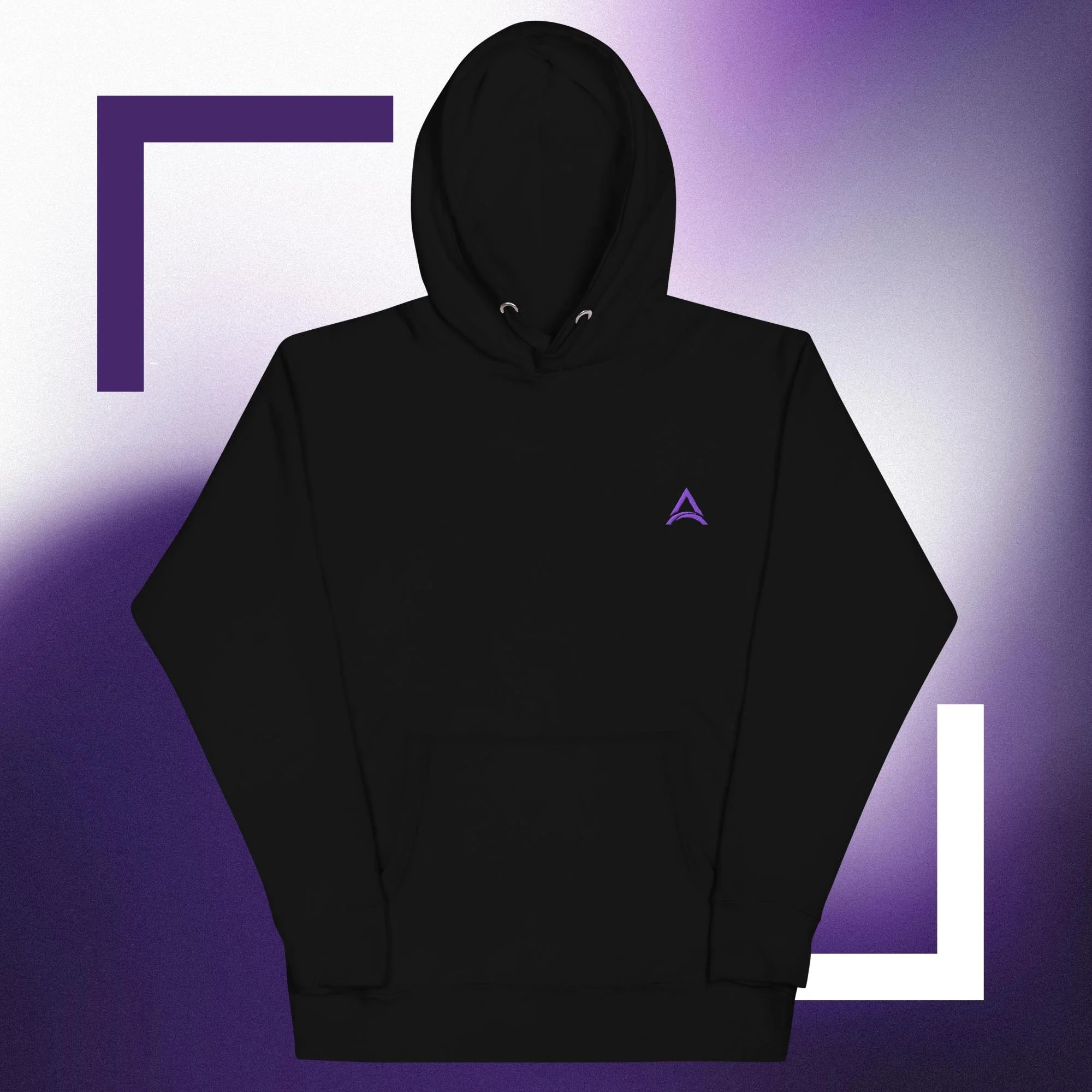 Black hoodie with purple logo on chest, hood up, set against a purple and white gradient background with geometric shapes.