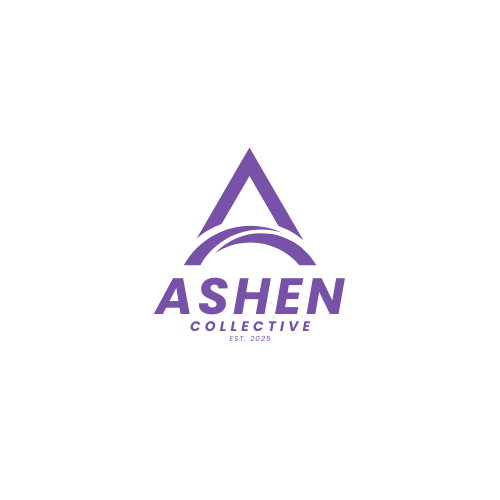 Purple logo with a stylized letter A, the word 'ASHEN' in bold, and 'COLLECTIVE' beneath it, along with 'EST. 2022' on a black background.