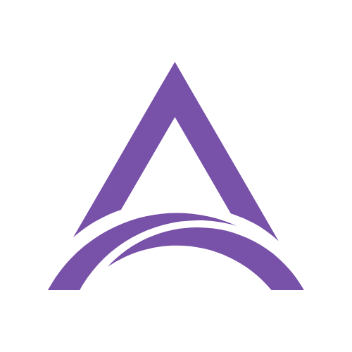 Purple triangular logo with curved lines beneath it on a black background.
