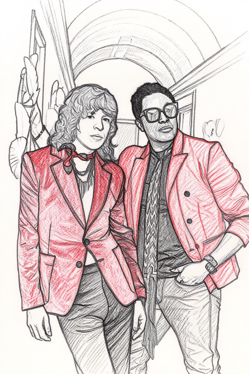 Sketch of the acid jazz group, The Brand New Heavies. They are indoors, with an arched ceiling and a partial painting or mirror behind them.