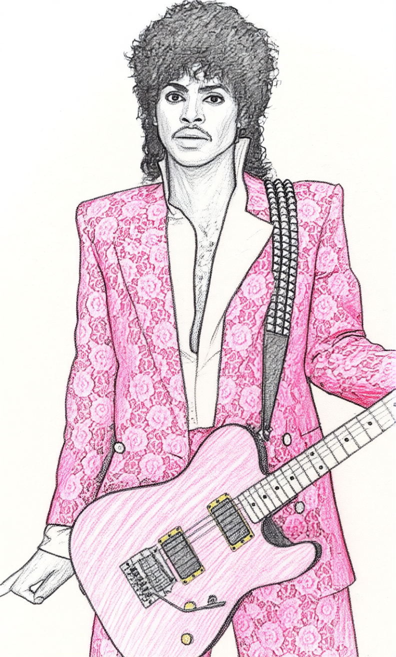 Hand-drawn illustration of former guitarist for The Time, Jesse Johnson, wearing a pink floral-patterned suit and holding a pink electric guitar.