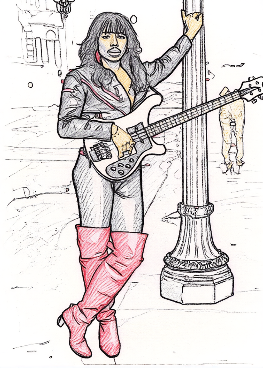 Drawing of a funk artist, Rick James, with dark hair and bangs, dressed in a leather jacket, gray pants, and red thigh-high boots, holding an electric bass guitar, standing next to a street lamp on an urban sidewalk.
