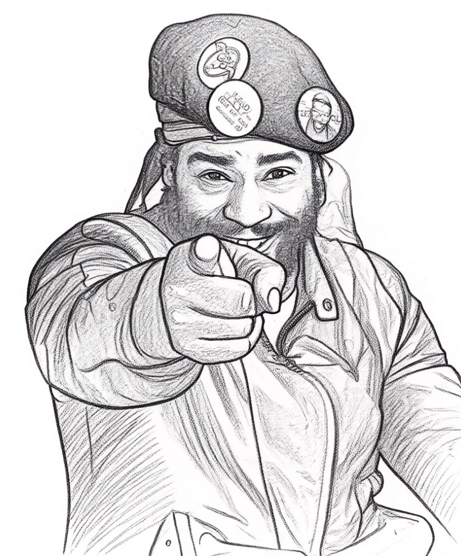 A black-and-white sketch of funk musician, George Clinton, smiling and pointing at the viewer. He is wearing a beret with buttons and patches, and a zipped jacket.