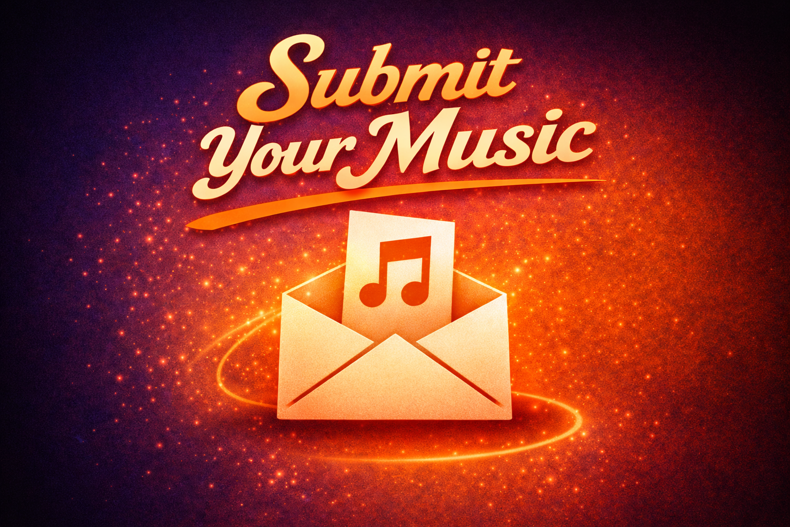 Bright orange and red background with sparkles and a swoosh effect. Centered text says 'Submit Your Music' with a white envelope containing a music note icon inside.