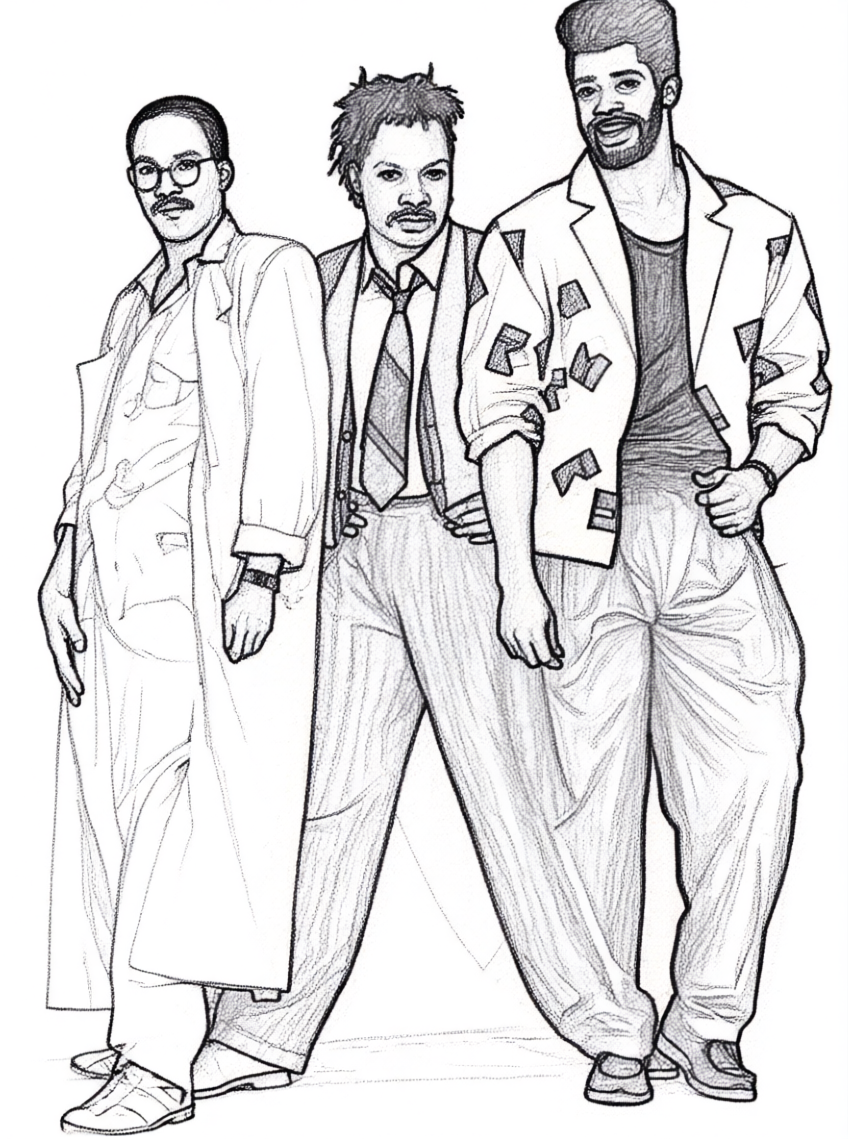 Line drawing of the funk group, Cameo, standing side by side, dressed in casual and semi-formal attire.
