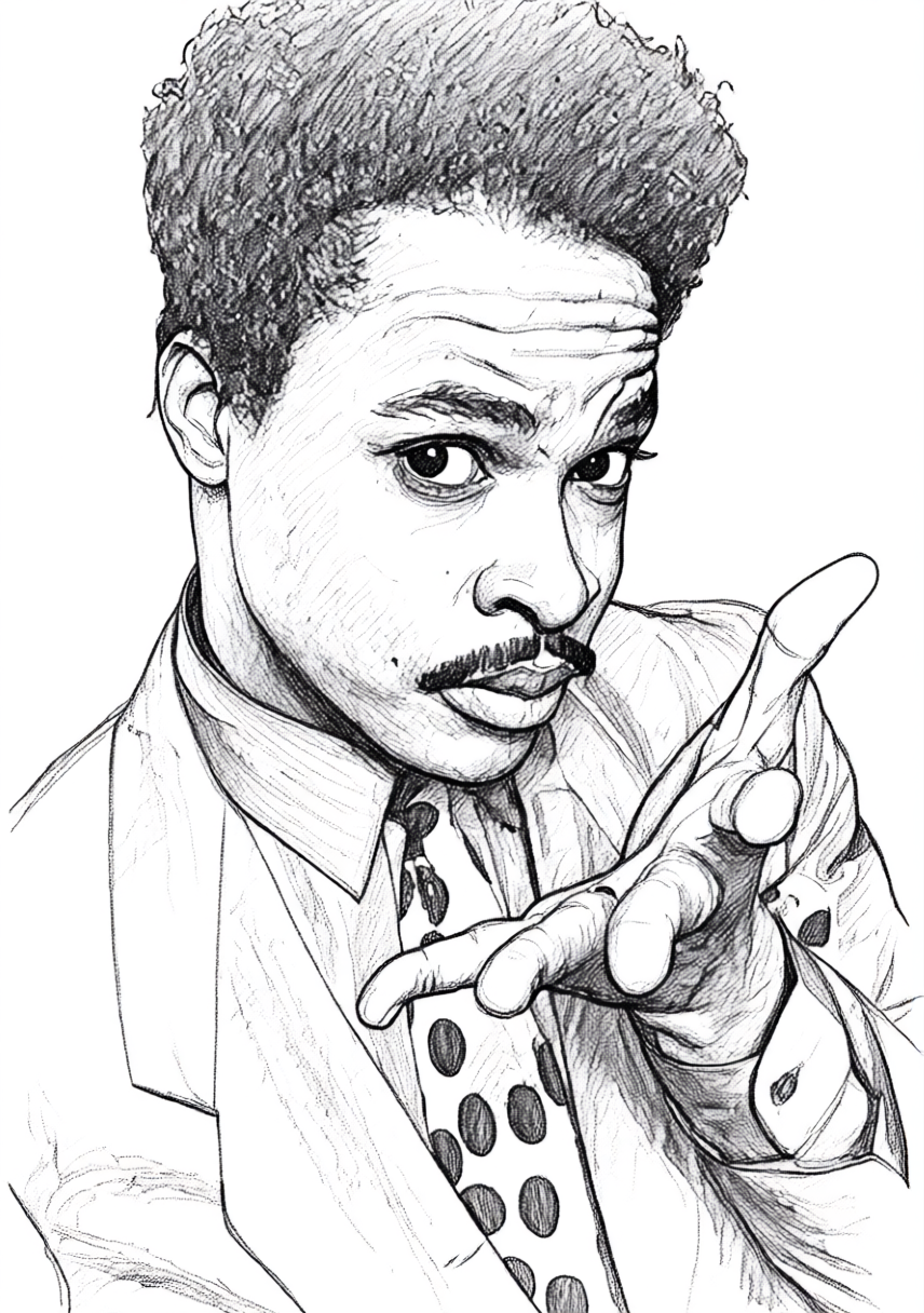 A black and white drawing of Roger Troutman, frontman for the funk group, Zapp, with an afro hairstyle, mustache, and expressive eyes, wearing a suit jacket and a shirt with polka dots, pointing his finger towards the camera.