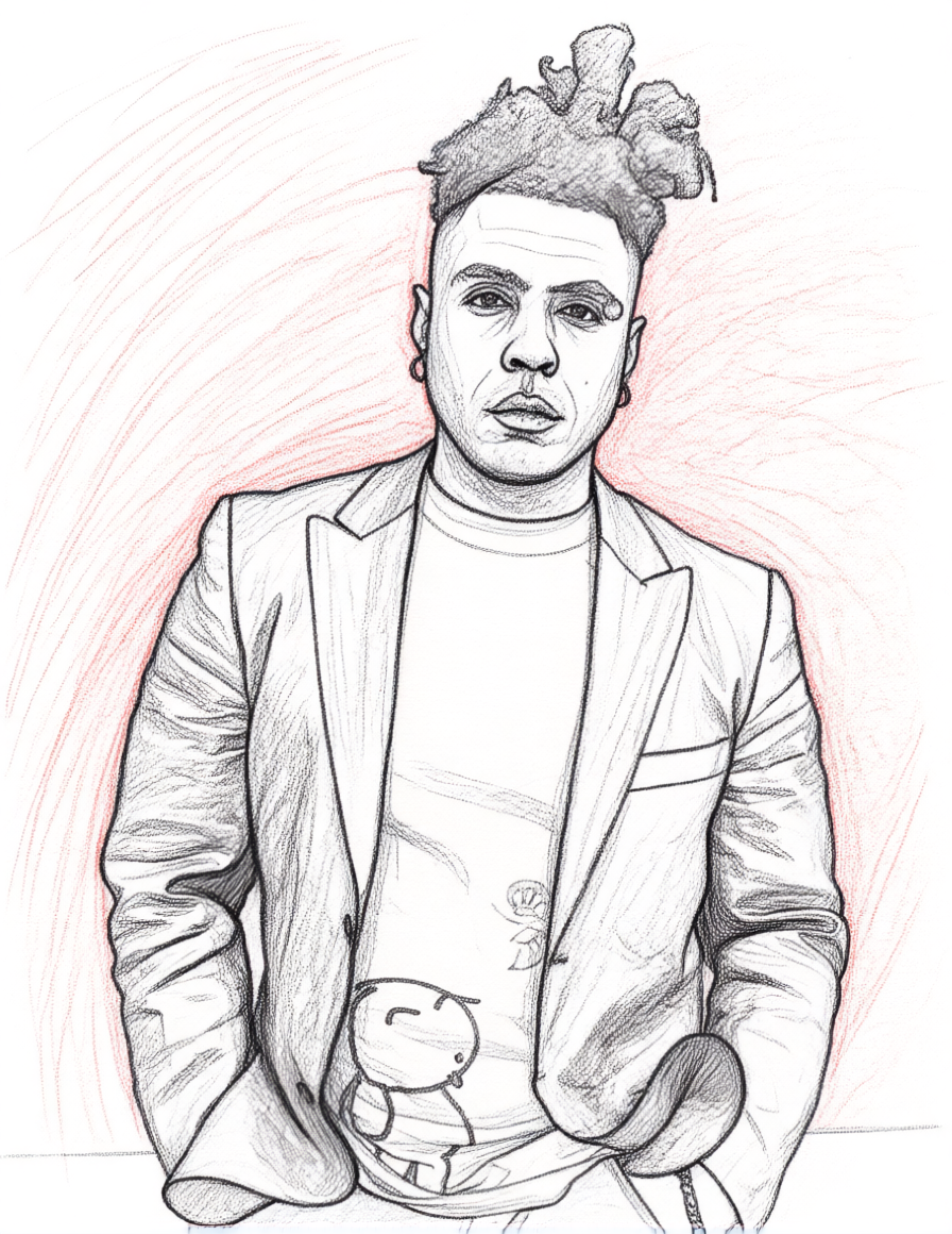 A detailed sketch neo-soul musician, Omar, wearing a blazer over a t-shirt with a cartoon character, standing with hands in his pockets against a lightly shaded background.