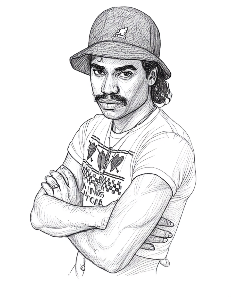 A black and white sketch of 1980s rapper Kurtis Blow, wearing a Kangol and a t-shirt with a graphic design, crossing his arms and looking at the camera.