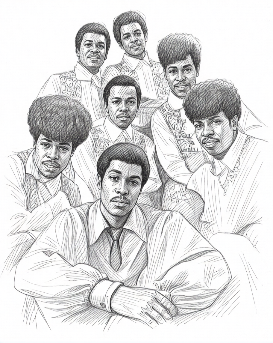 Black and white sketch of the funk group, the Ohio Players, dressed in vintage clothing, posing together.