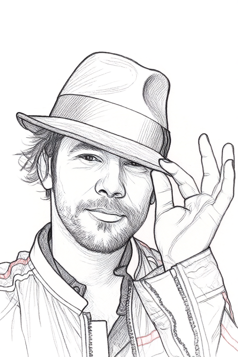 Sketch of Jason Kay from the group, Jamiroquai, wearing a hat, holding the brim with one hand, and looking at the camera.