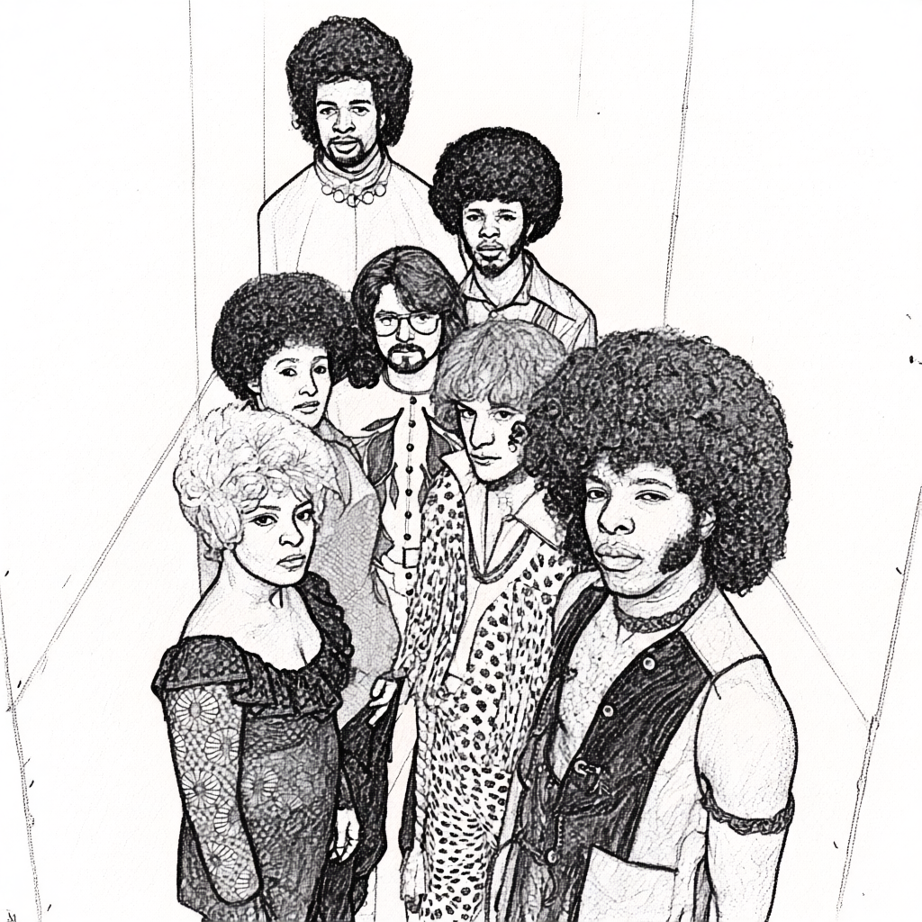 A black-and-white drawing of the funk/soul band Sly & the Family Stone, with diverse hairstyles and clothing, standing in a narrow corridor.