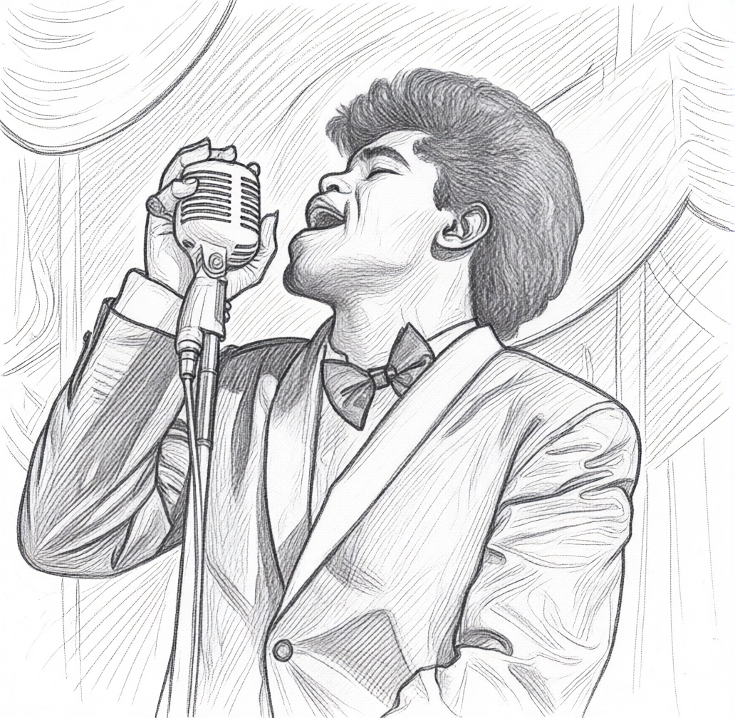 Sketch of a soul artist James Brown singing into a vintage microphone, wearing a tuxedo and bow tie, with a curtain background.