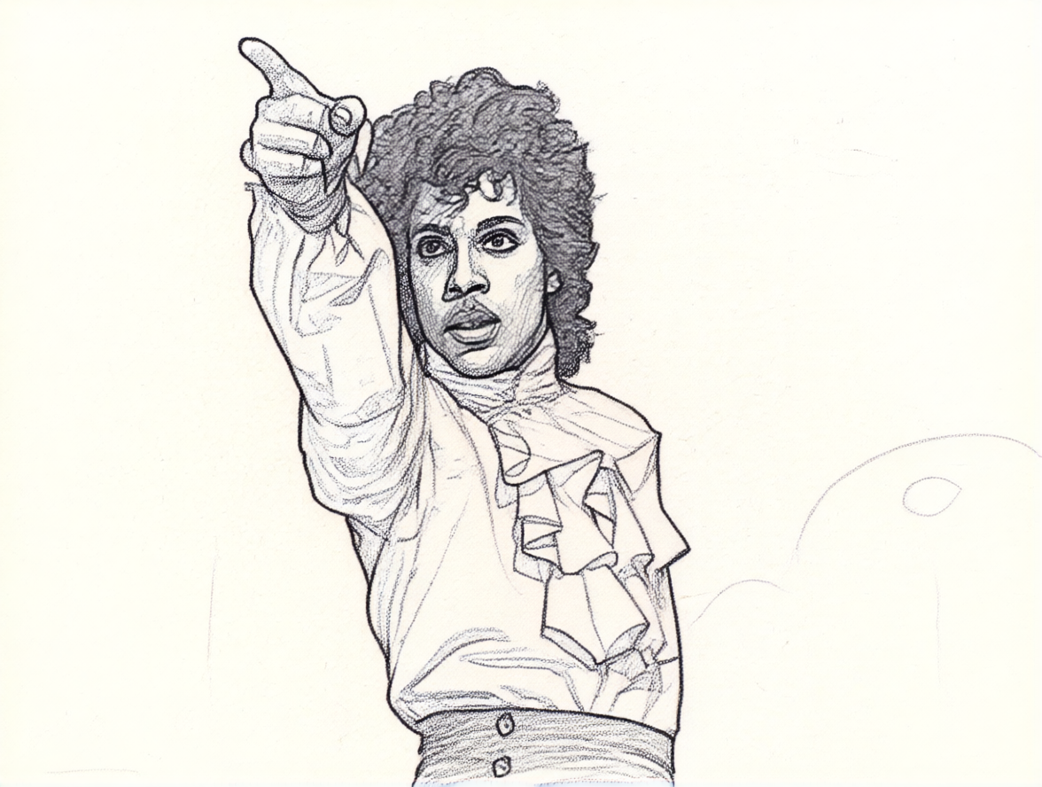 A line drawing of Prince in the Purple Rain era, wearing a shirt with ruffles, pointing forward with her his arm