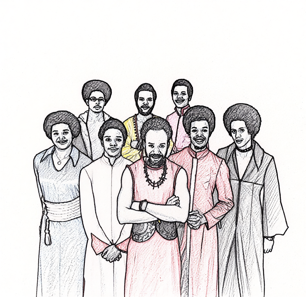A colored sketch of the funk/soul group Earth, Wind & Fire, dressed in stylish clothing, some with natural hairstyles and expressive smiles.