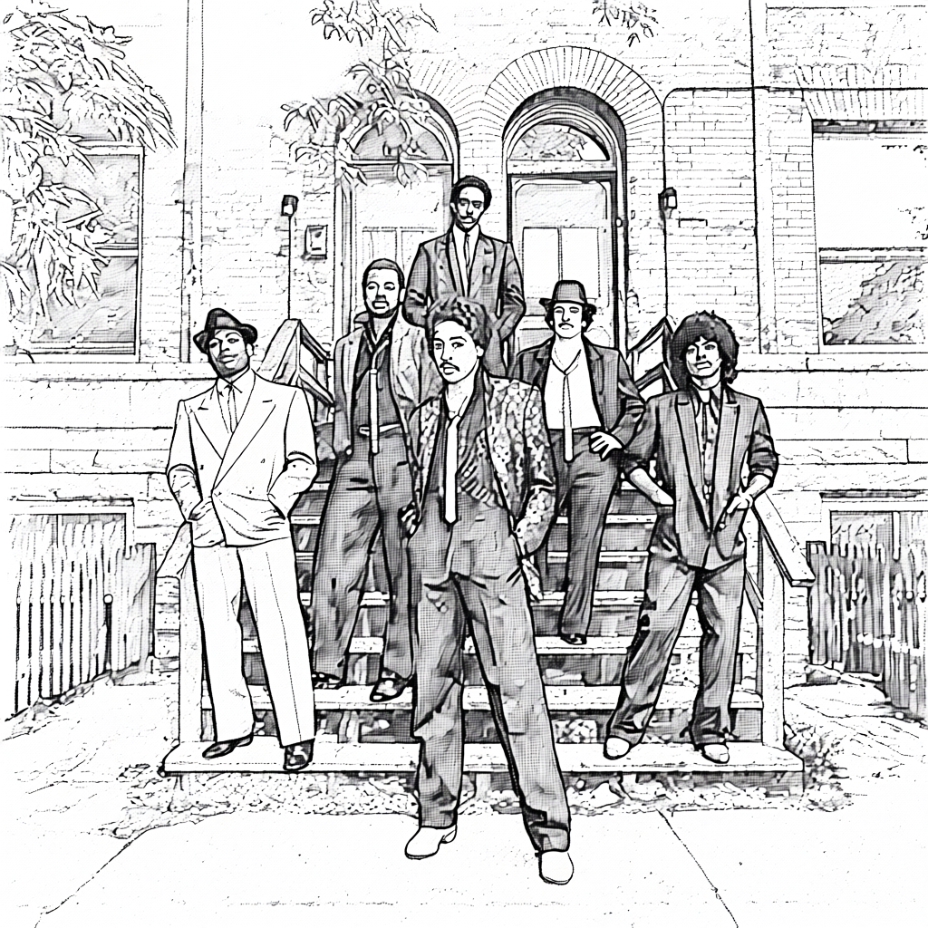 Black and white sketch of the funk group, The Time, standing on stairs outside a brick building, dressed in vintage-style clothing, with some wearing hats and one with a cane.