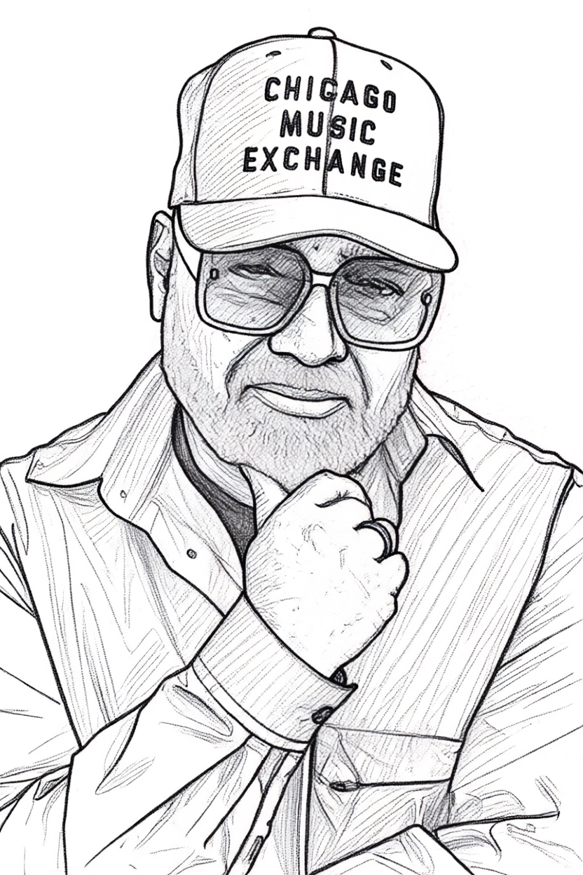 A line drawing of Bluey, from the jazz/funk band Incognito, wearing glasses, a cap with the words 'Chicago Music Exchange,' and a button-up shirt, with his hand on his chin.
