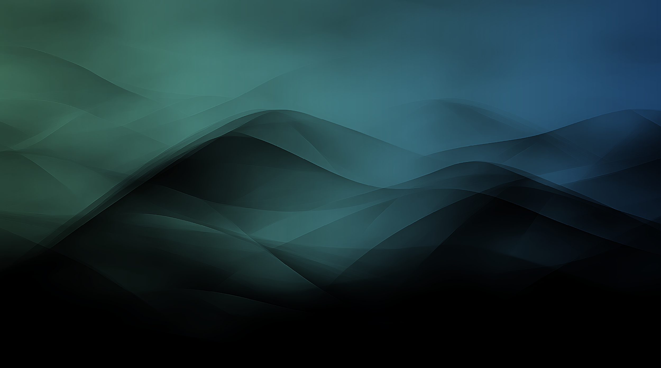 Abstract digital background with overlapping smooth, semi-transparent waves in shades of green, blue, and black.