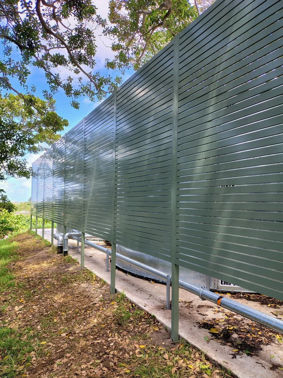 A metal sound barrier fence along a sidewalk with a tree and blue sky in the background.