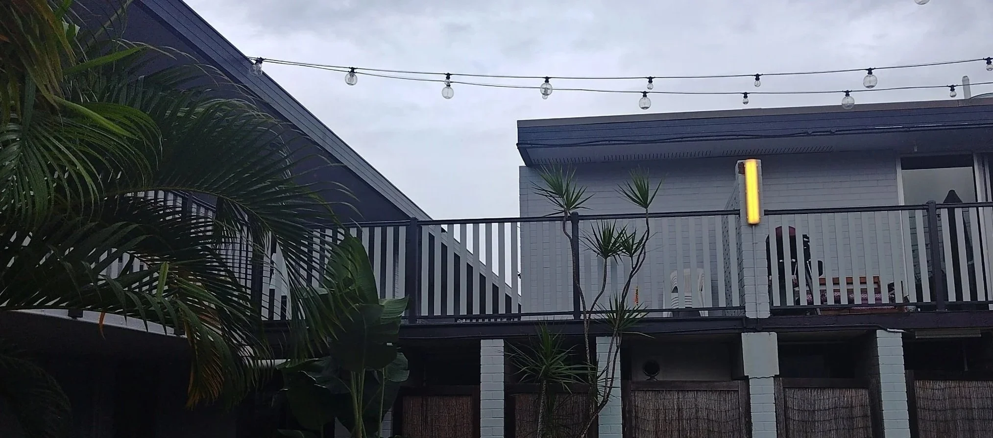 A modern balcony balustrade with string lights hanging above, and lush green plants in the foreground to the left.