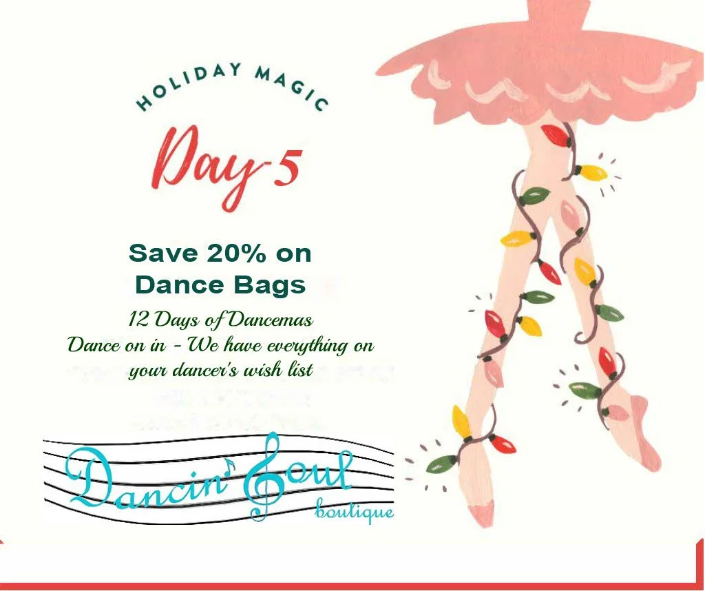 On the Fifth Day of Dancemas Save 20% on Dance Bags* for every dancer. A variety of sizes and colors available. Dance on in and find your favorite. Every dancer needs a bag to help them stay organized.  #dancebag #shoplocal #Shopsmall *Rac N Roll are