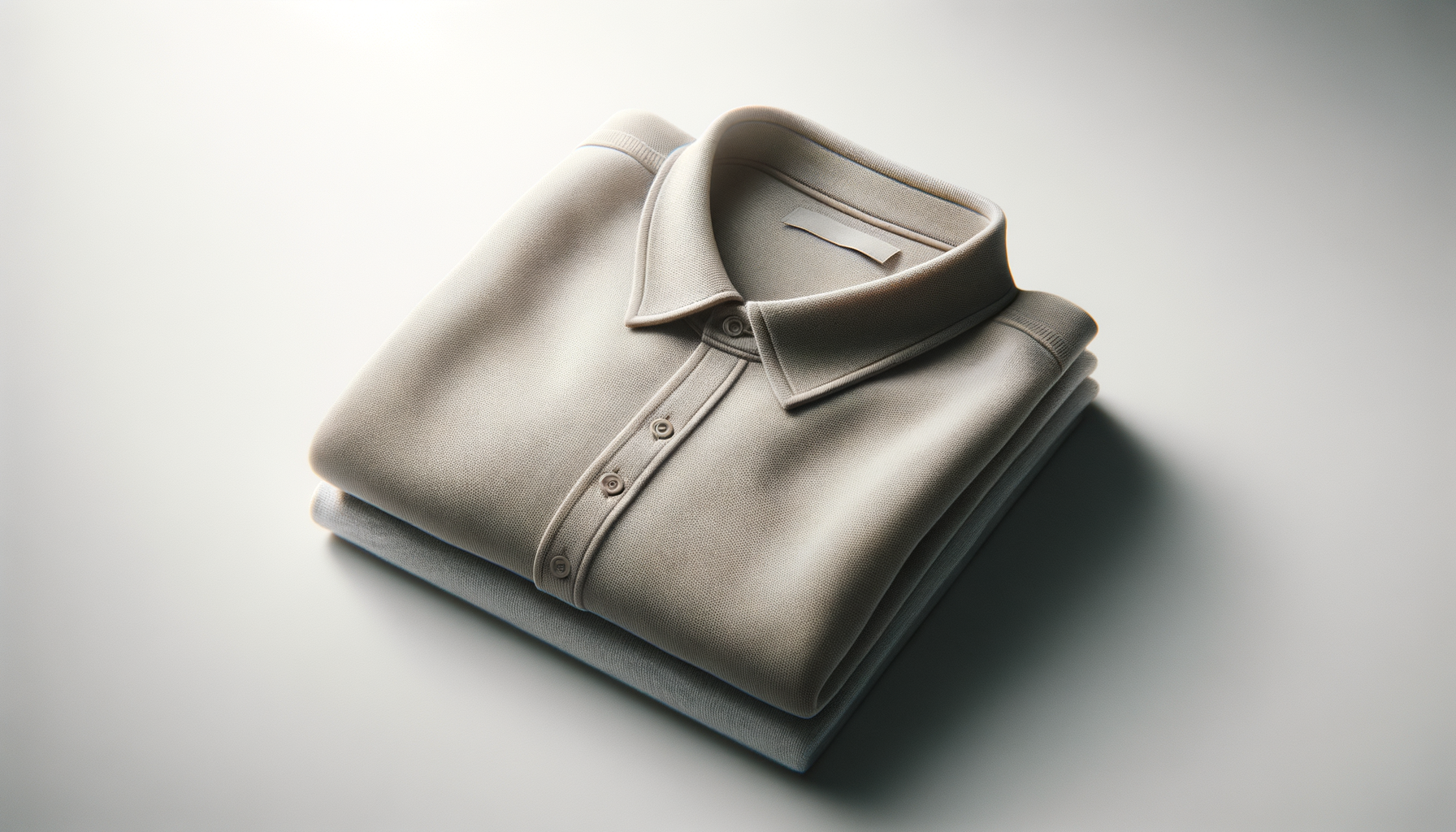 A neatly folded beige polo shirt on a white surface with soft lighting.
