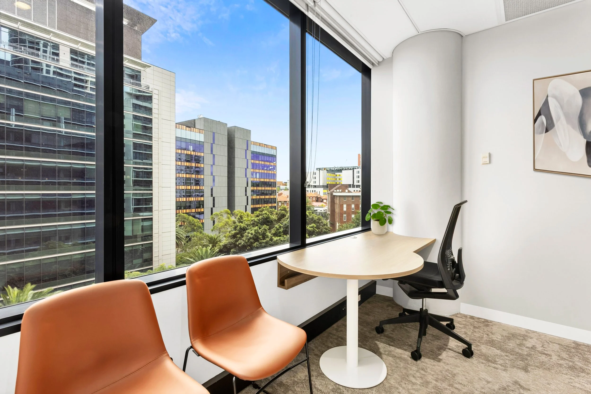 Corner office with large window view of Royal North Shore Hospital, featuring a beige desk, a black office chair, two orange chairs, a green potted plant, and a framed abstract artwork on the wall.