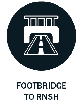 A graphic icon of a footbridge crossing over a road, labeled "FOOTBRIDGE TO RNSH".