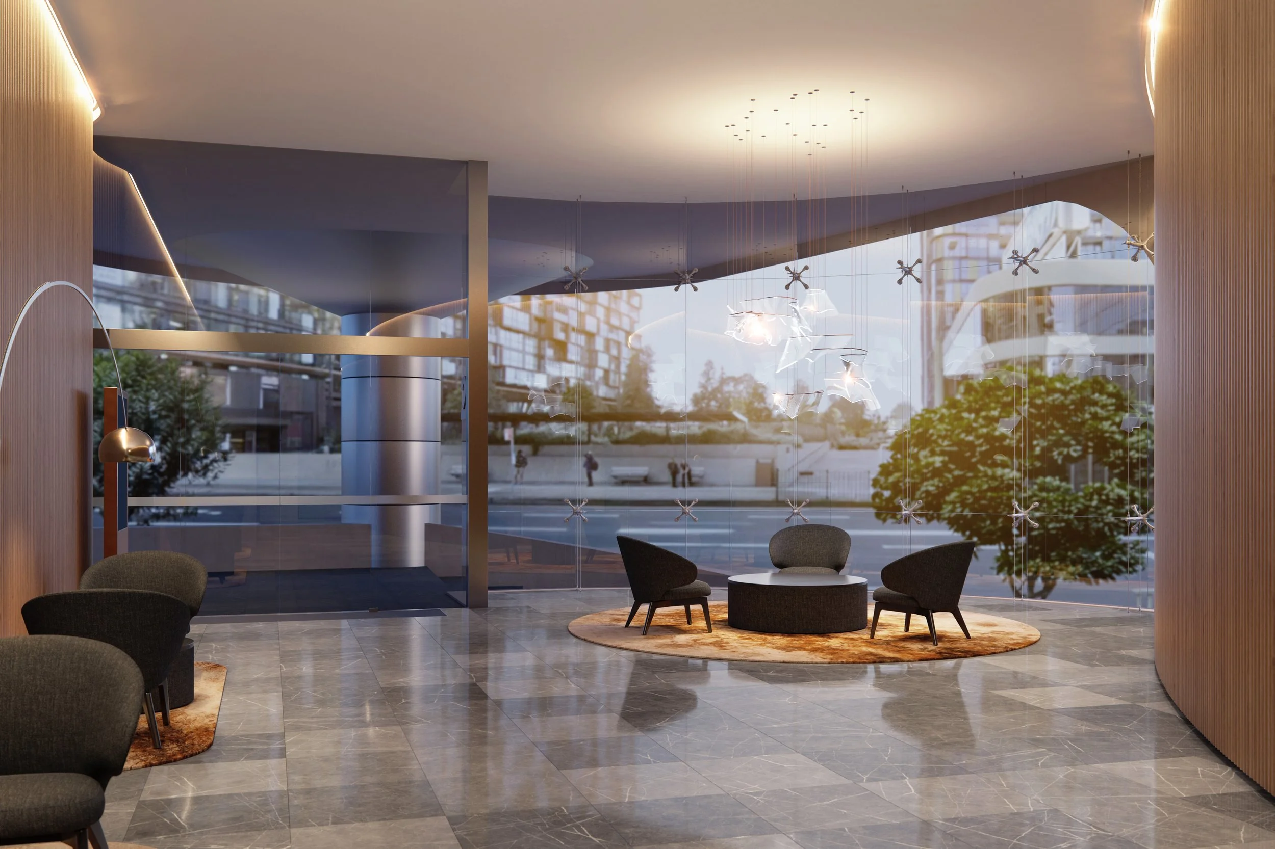 Forum West newly refurbished lobby with a seating area consisting of three black chairs and a round ottoman on a circular rug, large glass front window showcasing an urban street scene with trees and buildings, and a contemporary pendant