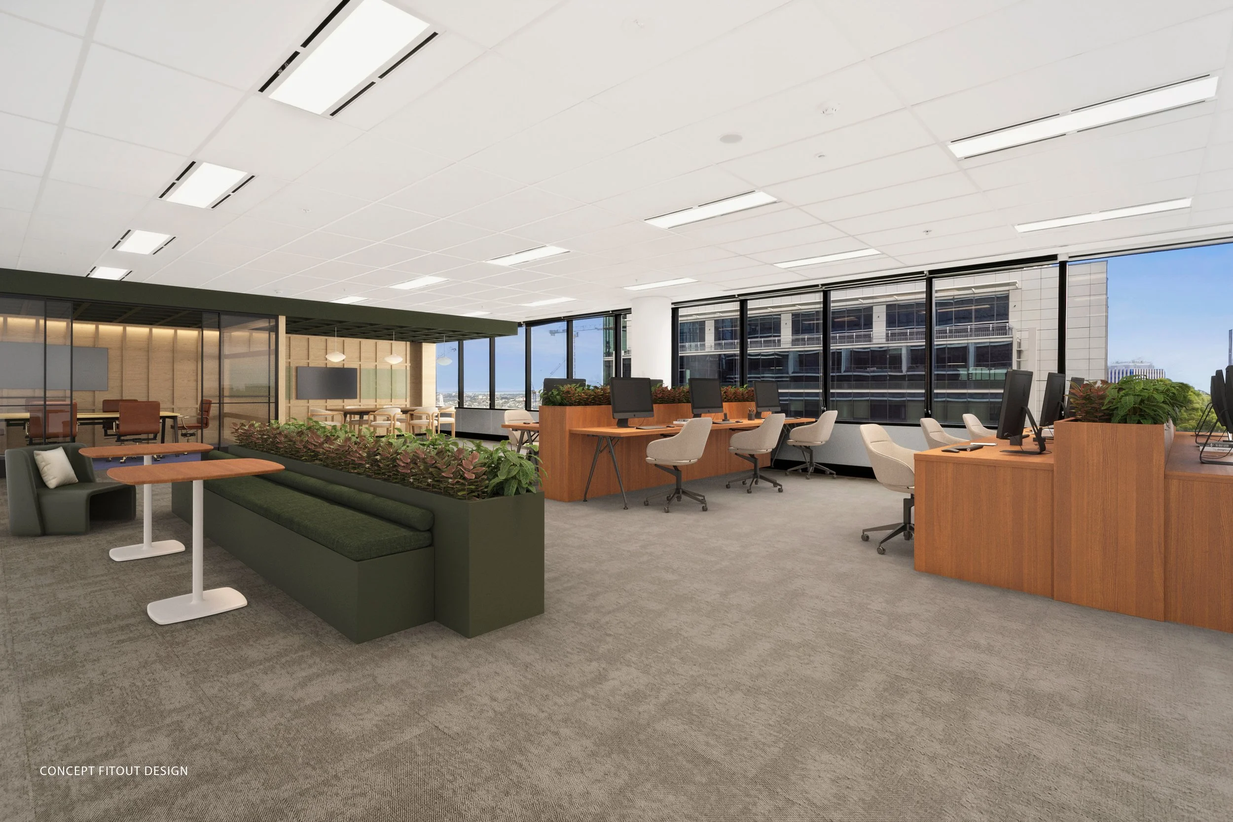 Modern office space with workstations, computer desks, and comfortable chairs facing large windows (Concept fitout design).