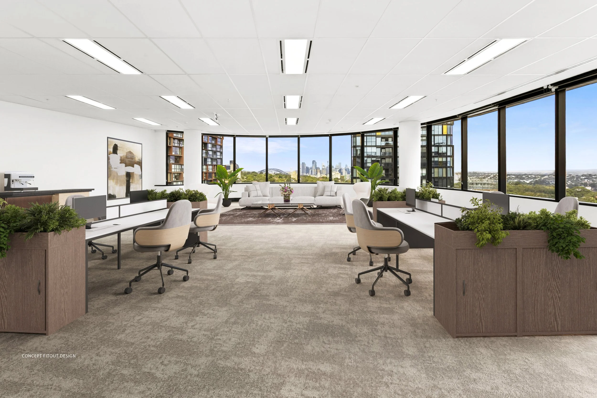 Modern office (concept fitout design) with large windows showing Sydney CBD, white sofas, potted plants, desks with computers, office chairs, and artwork on the wall.