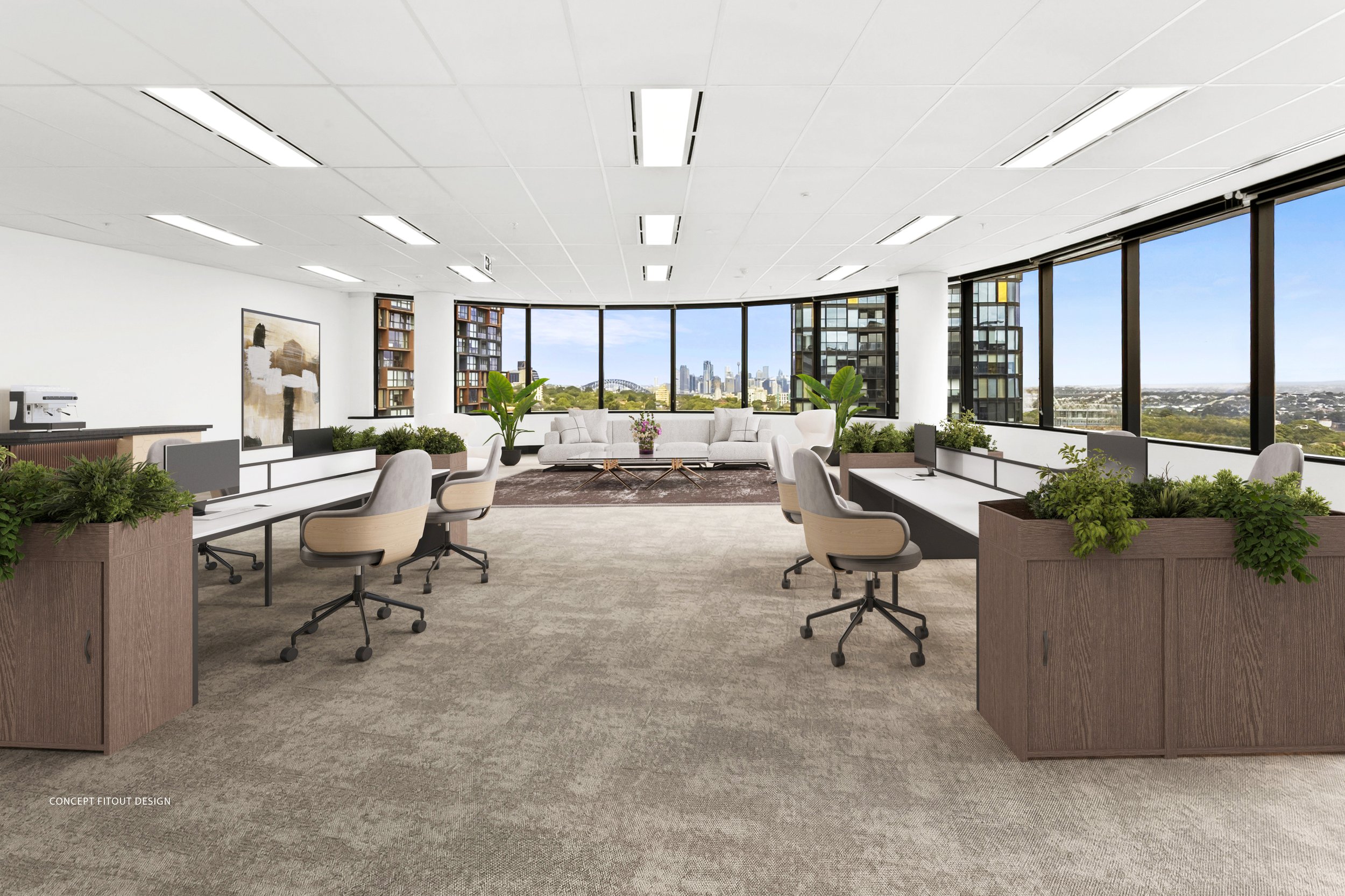 Modern office (concept fitout design) with large windows showing Sydney CBD, white sofas, potted plants, desks with computers, office chairs, and artwork on the wall.