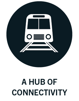 Icon of a train approaching a station labeled "A Hub of Connectivity"..