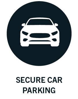 Icon of a car on a dark background, labeled "Secure Car Parking".