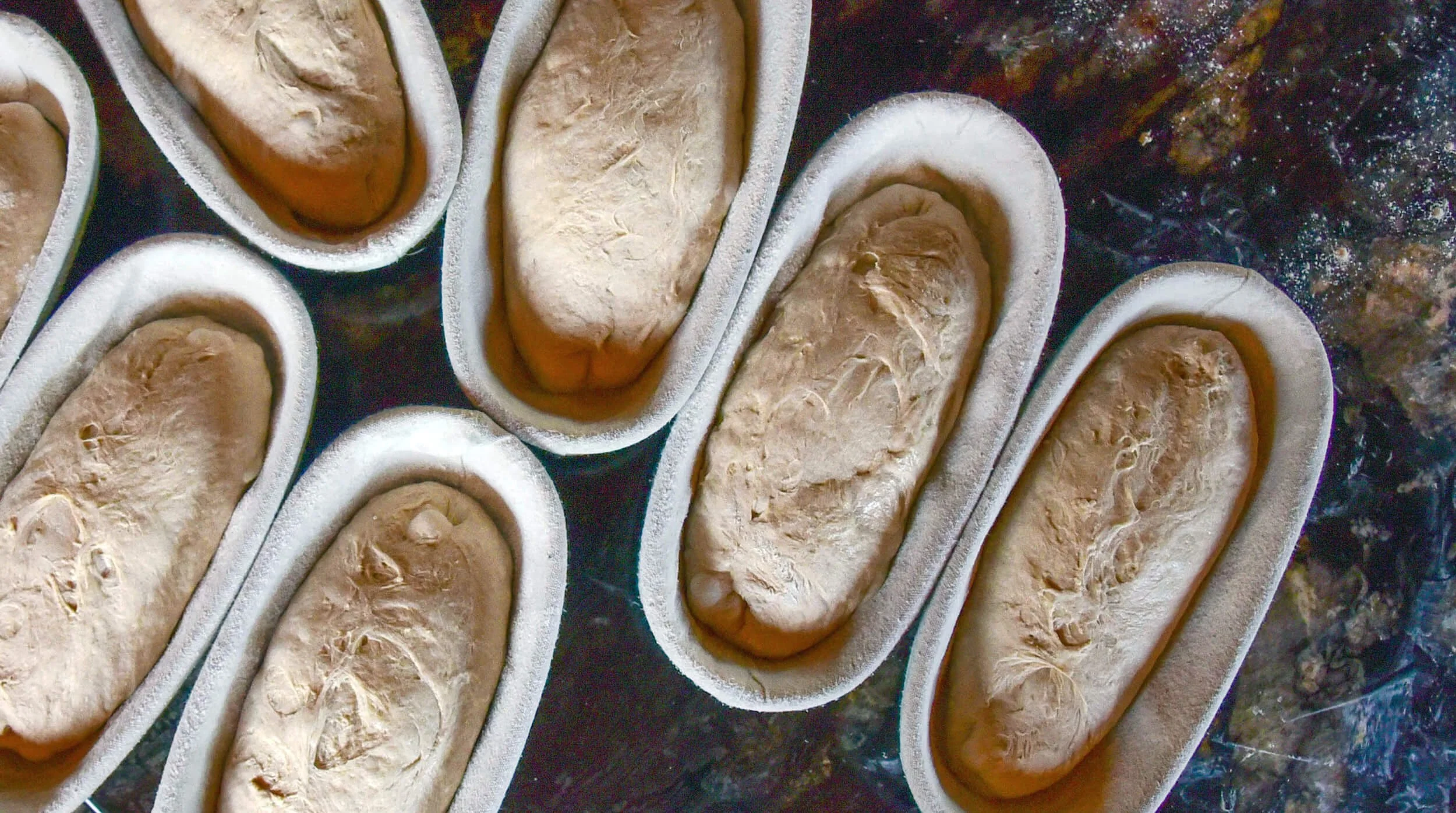 Unbaked bread loaves in plastic trays on a surface