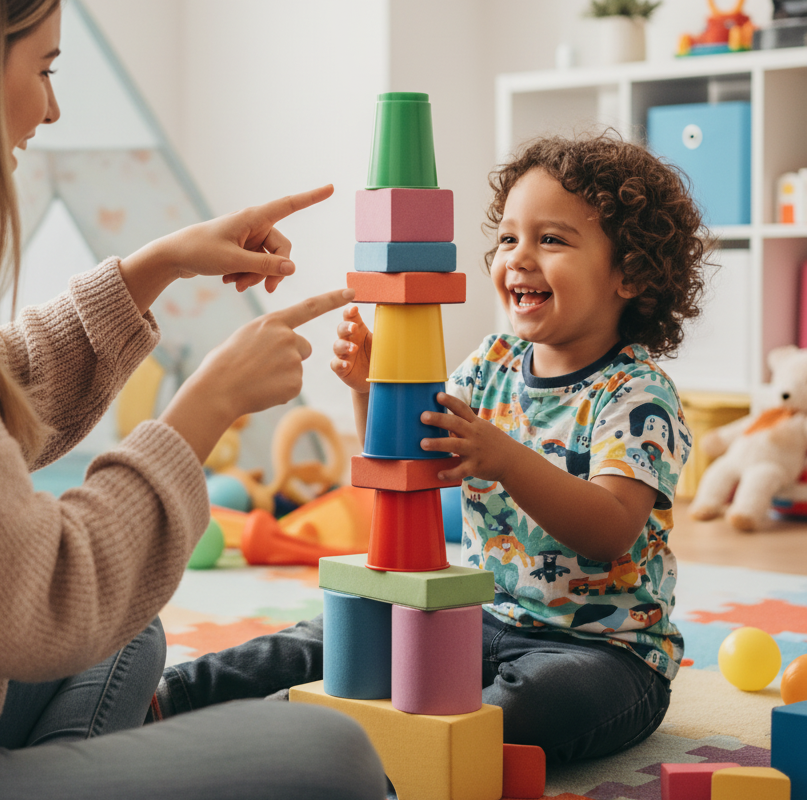 Young child building a tower with colorful blocks in a play-based pediatric speech-language therapy activity.