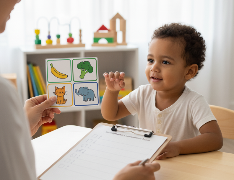 Child at a developmental screening assessment with a speech-language therapist holding an image card of a banana, broccoli, a cat, and an elephant.
