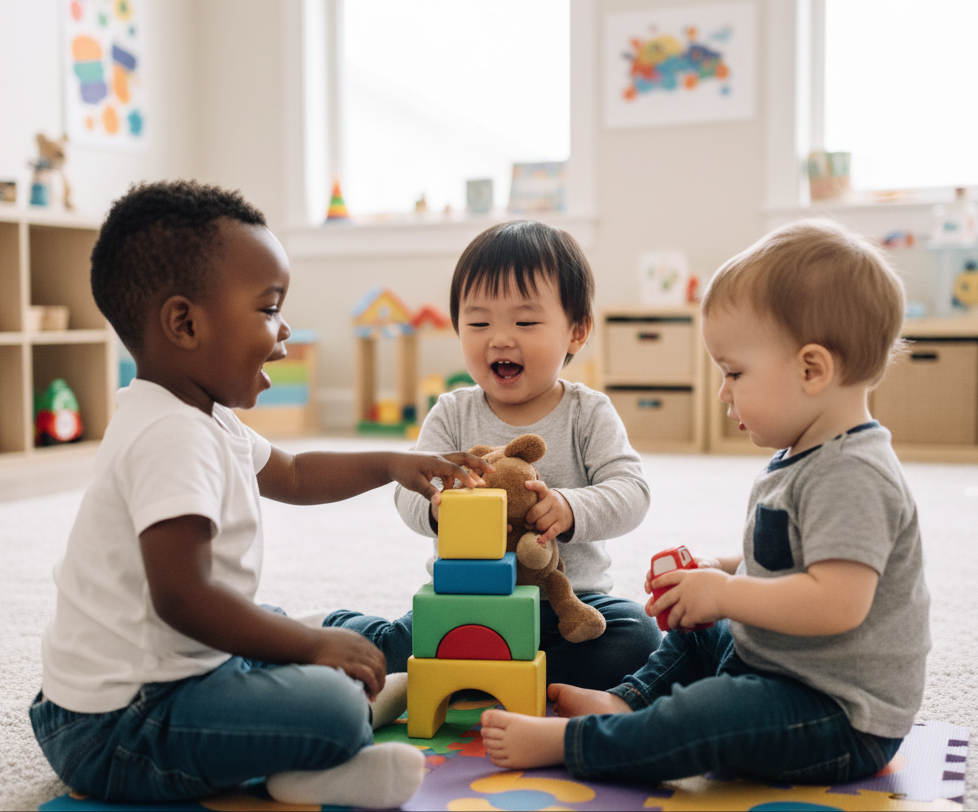 Three young children playing with colorful stacking blocks and toys on a playmat in a bright room.
